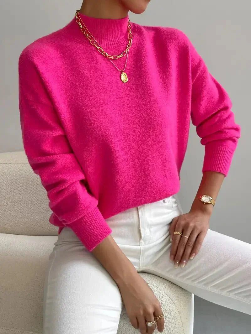 Ribbed Knit Long Sleeve Roll Neck Sweater for Women - Pink