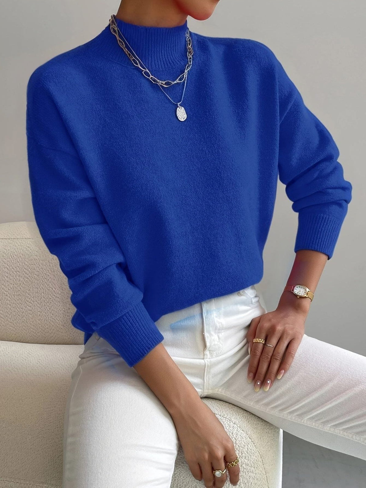 Ribbed Knit Long Sleeve Roll Neck Sweater for Women - Blue