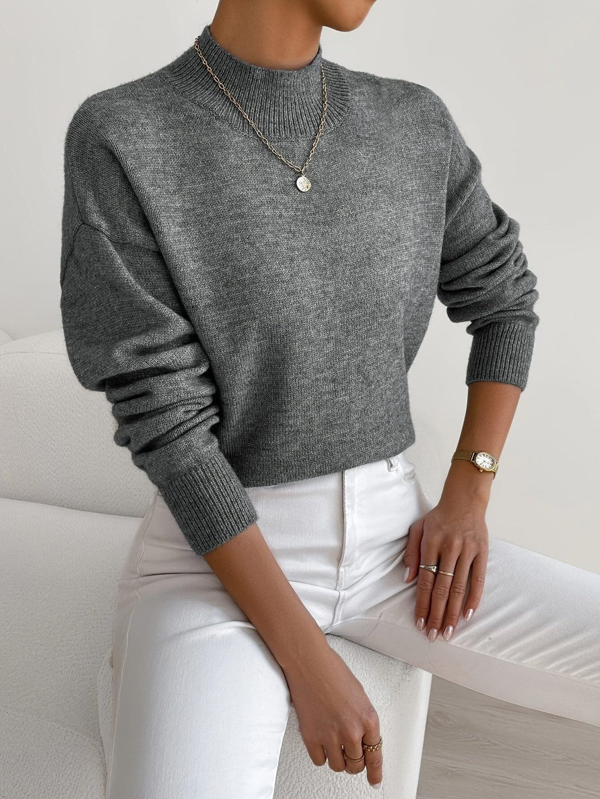 Ribbed Knit Long Sleeve Roll Neck Sweater for Women - Dark Grey