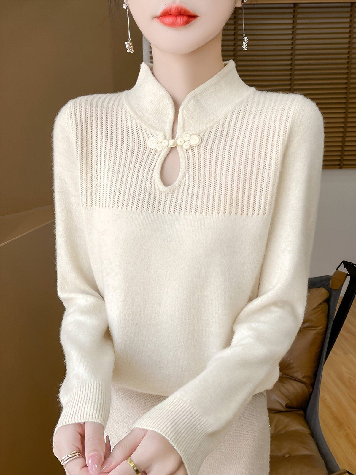 Ribbed Knit Long Sleeve Stand Collar Sweater for Women