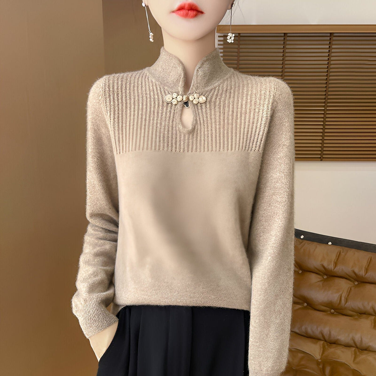 Ribbed Knit Long Sleeve Stand Collar Sweater for Women - Camel