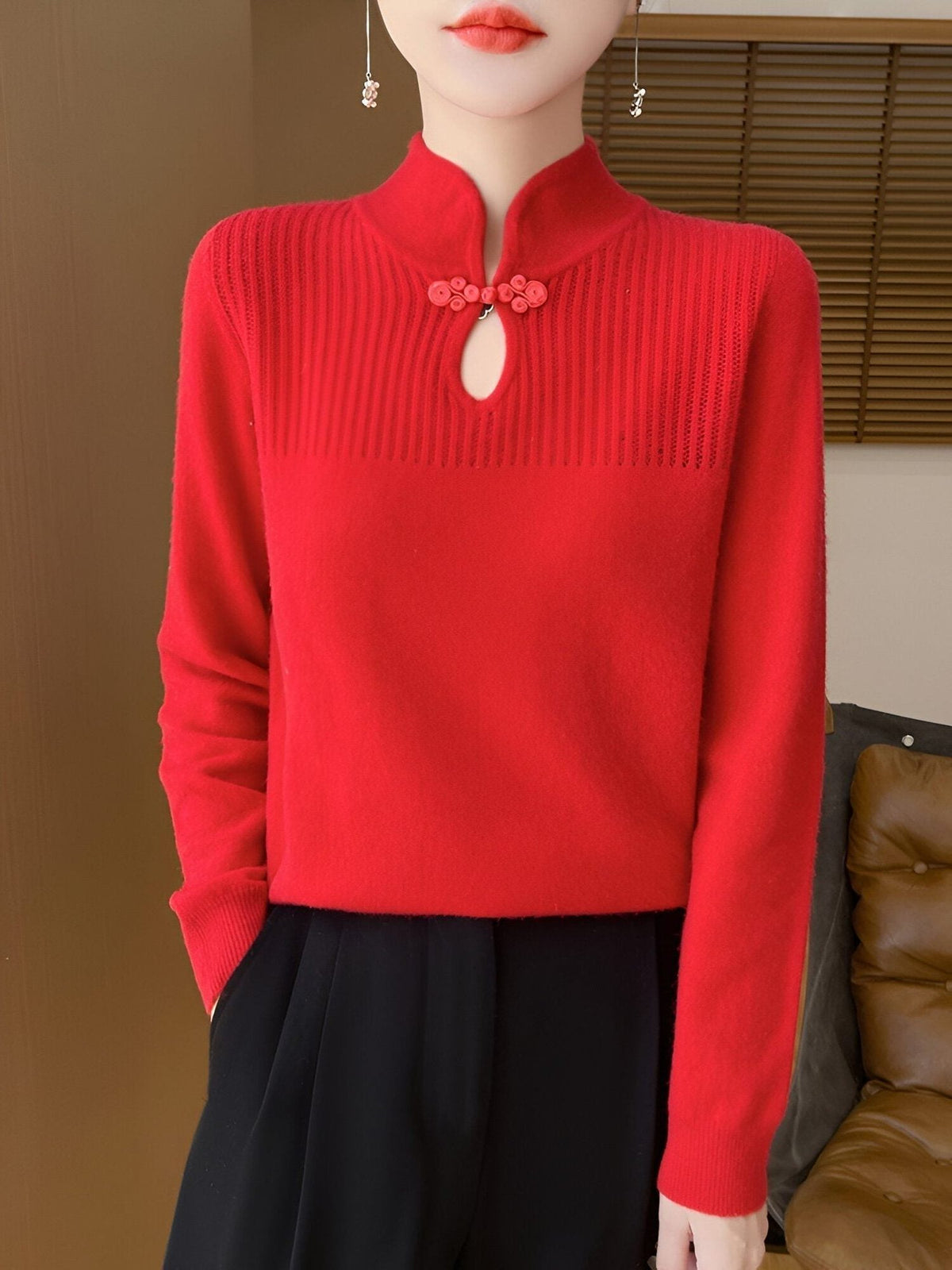 Ribbed Knit Long Sleeve Stand Collar Sweater for Women - Red