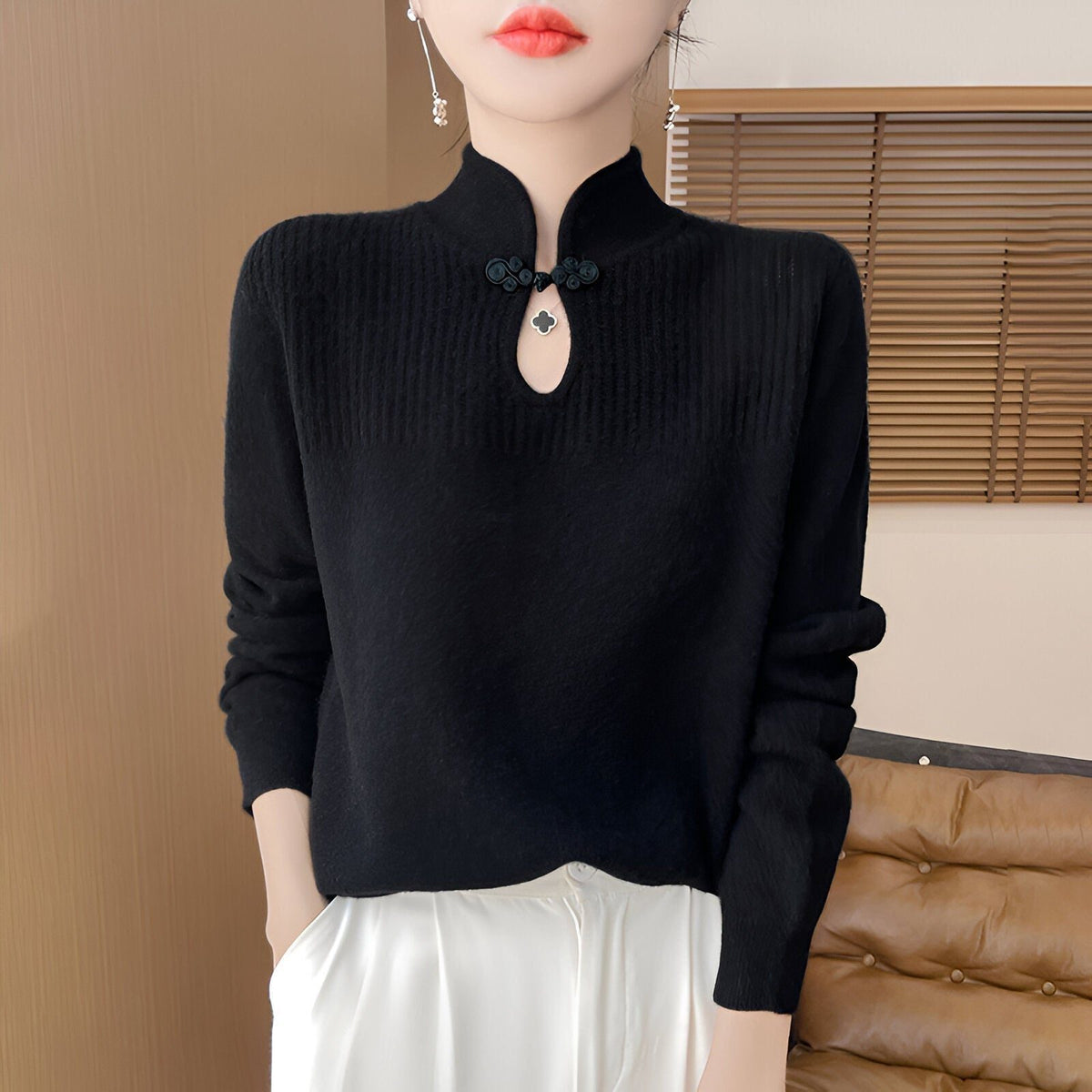 Ribbed Knit Long Sleeve Stand Collar Sweater for Women - Black