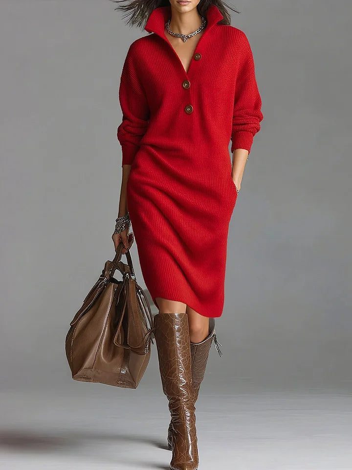 Ribbed Knit Long Sleeve Sweater Dress for Women - Red