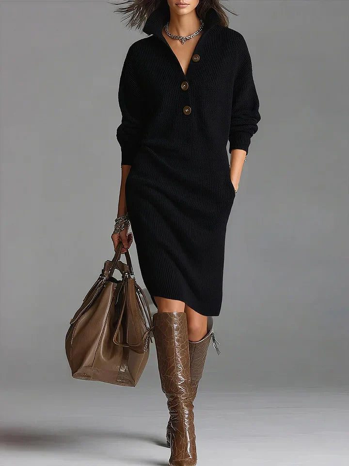 Ribbed Knit Long Sleeve Sweater Dress for Women - Black