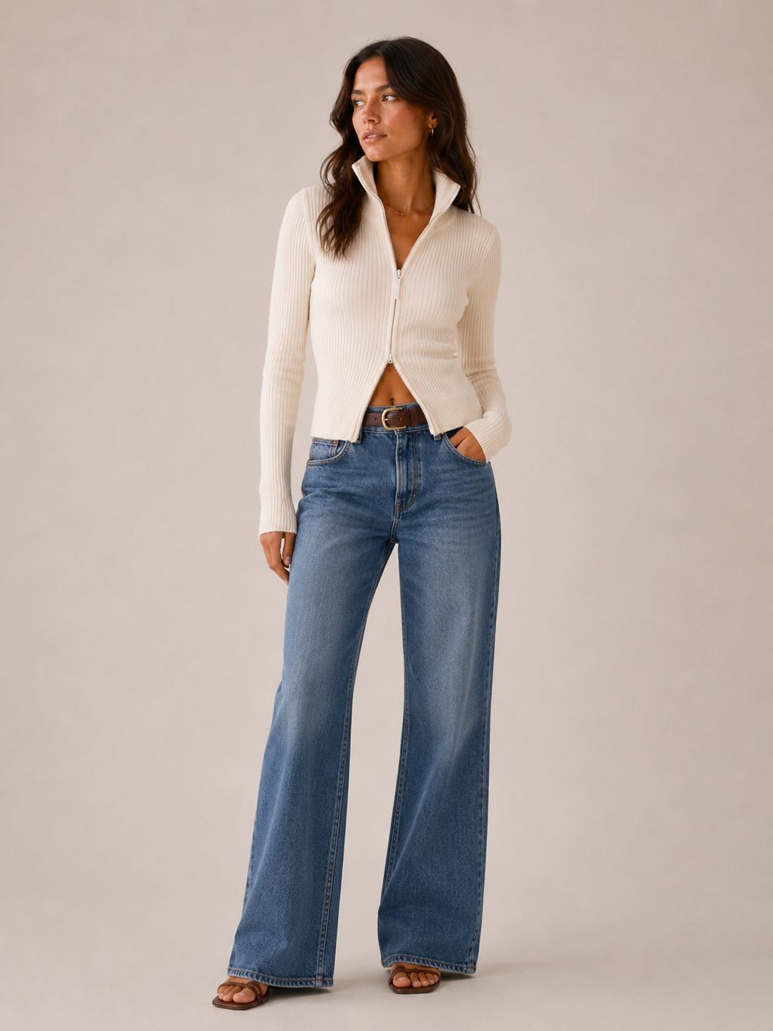 Ribbed Knit Long Sleeve Zip-Up Cropped Cardigan for Women - View 3