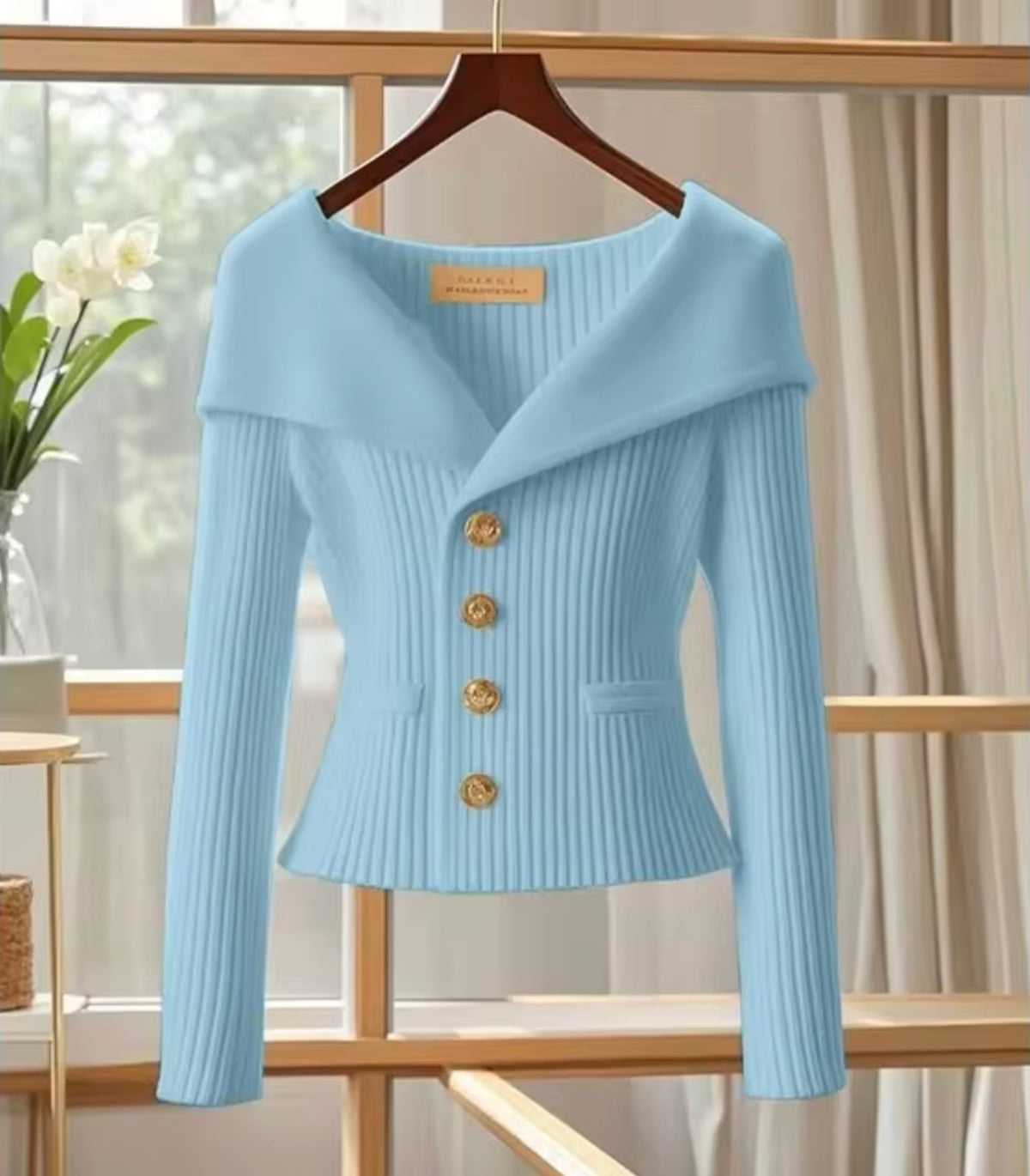 Ribbed Knit Off-Shoulder Cardigan with Button-Front for Women