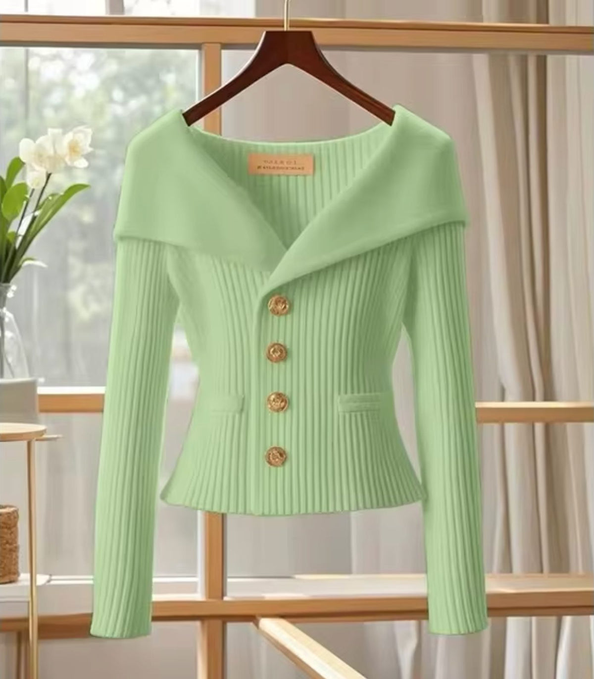 Ribbed Knit Off-Shoulder Cardigan with Button-Front for Women - Green