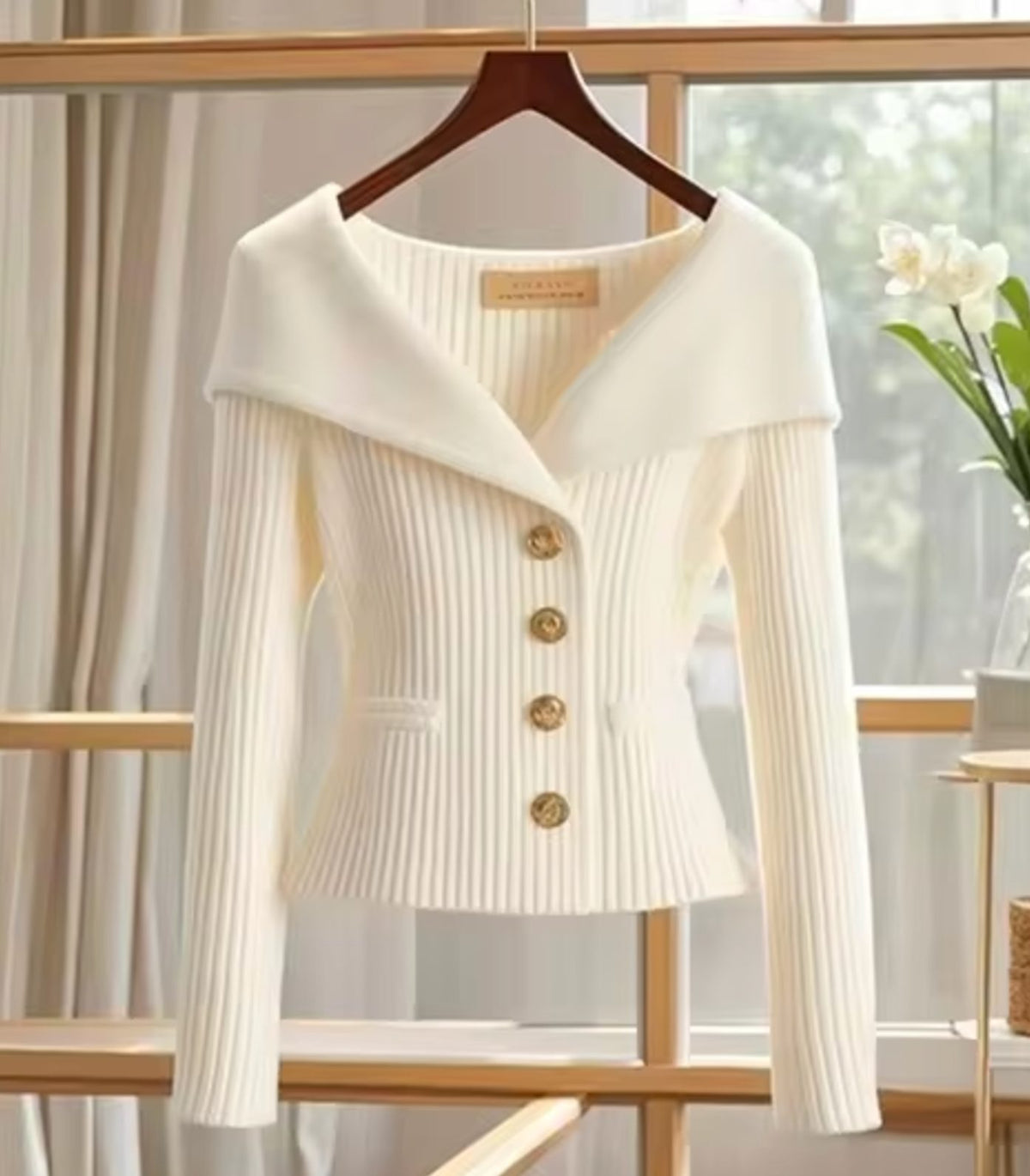 Ribbed Knit Off-Shoulder Cardigan with Button-Front for Women - White
