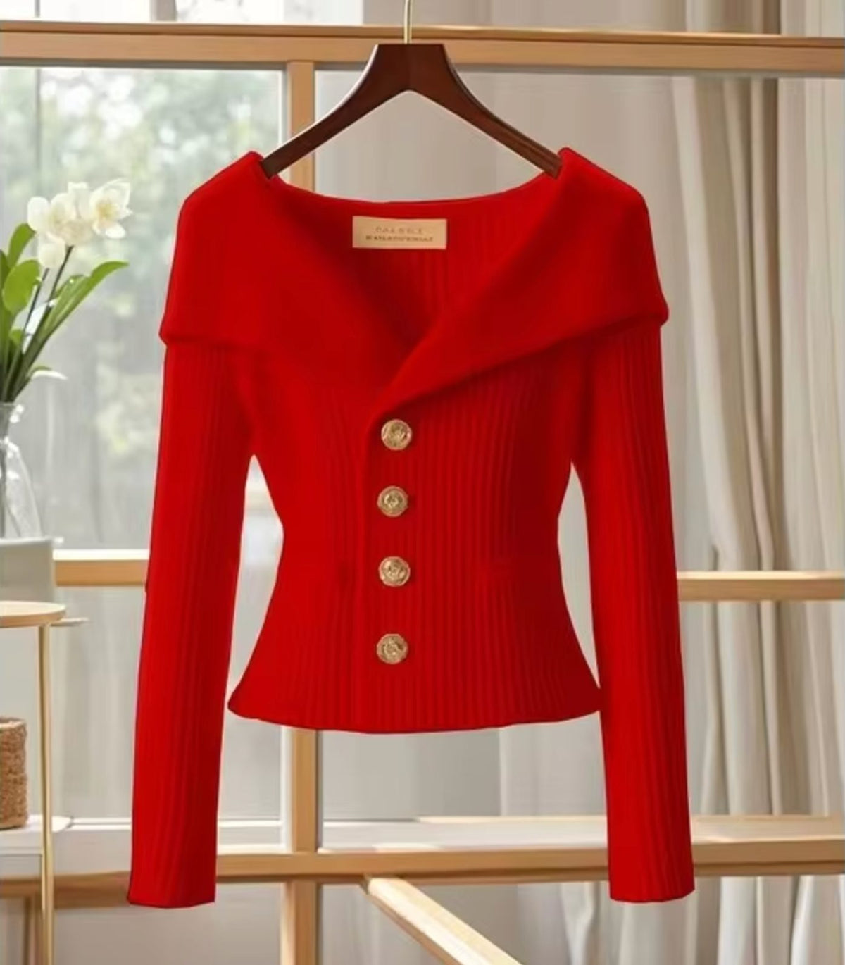 Ribbed Knit Off-Shoulder Cardigan with Button-Front for Women - Red