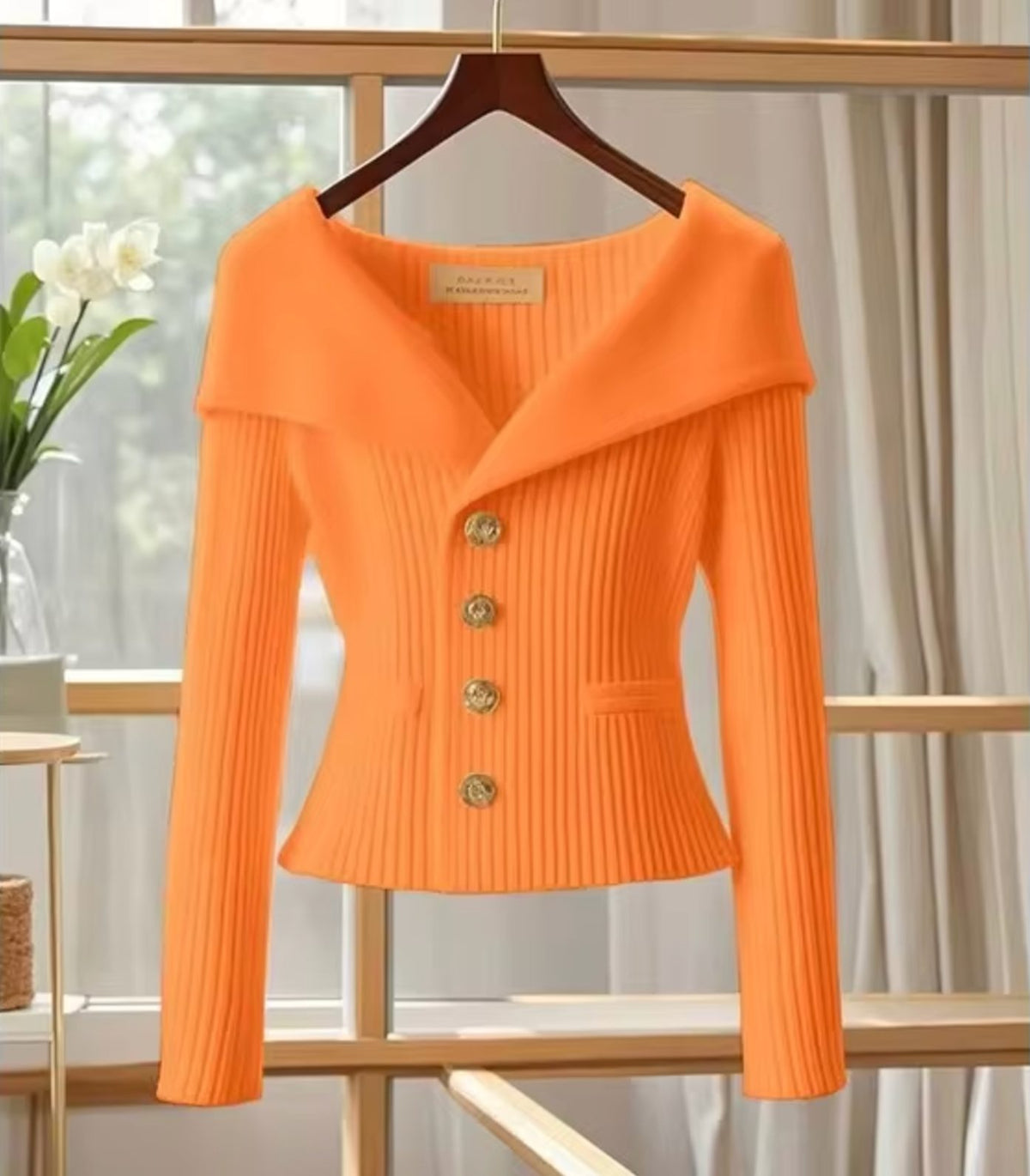 Ribbed Knit Off-Shoulder Cardigan with Button-Front for Women - Orange