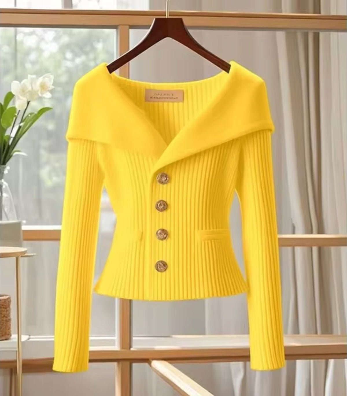 Ribbed Knit Off-Shoulder Cardigan with Button-Front for Women - Yellow