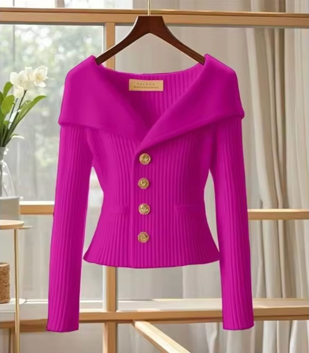 Ribbed Knit Off-Shoulder Cardigan with Button-Front for Women - Pink