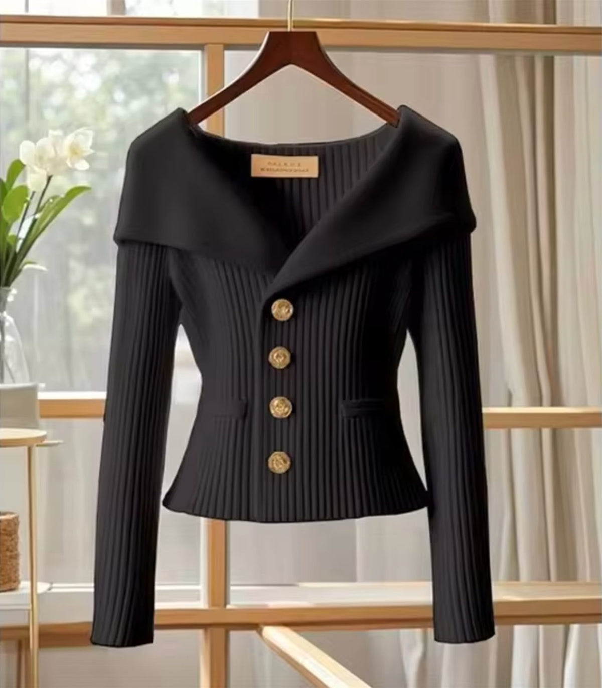 Ribbed Knit Off-Shoulder Cardigan with Button-Front for Women - Black
