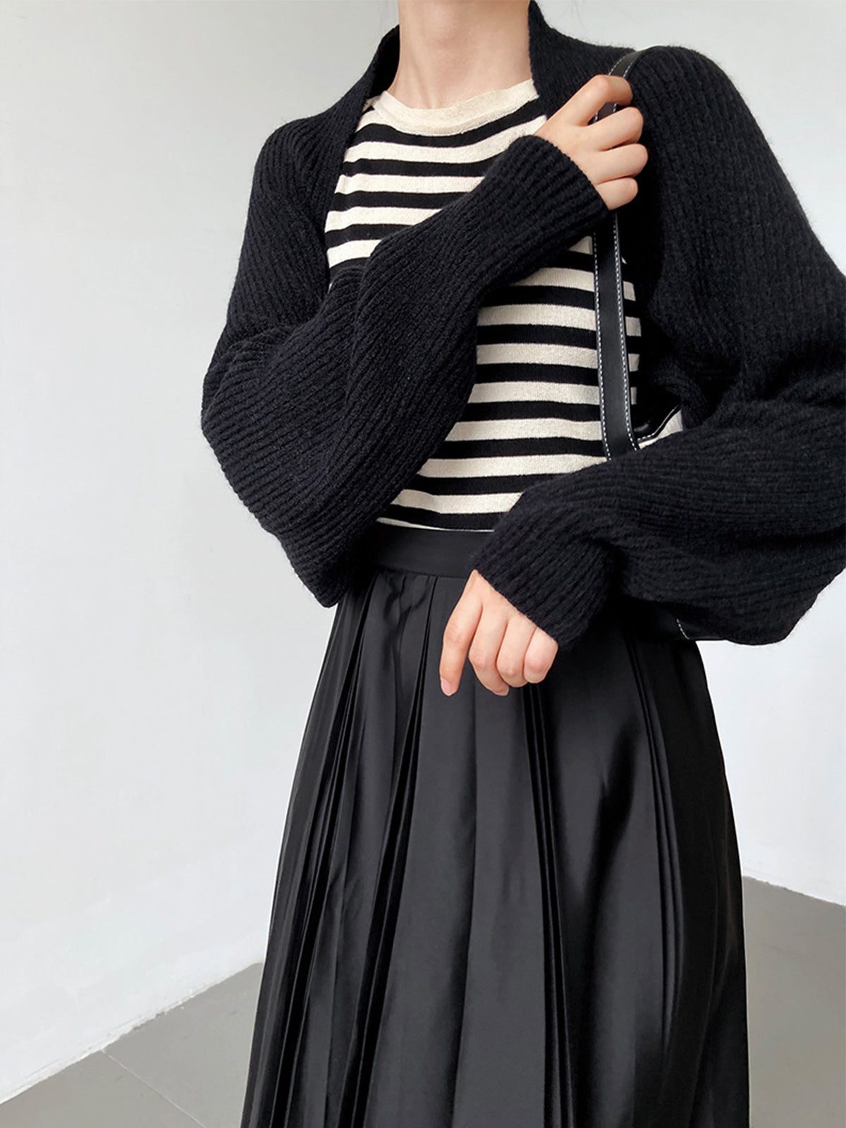 Ribbed Knit Open-Front Cardigan Shrug for Women - Black