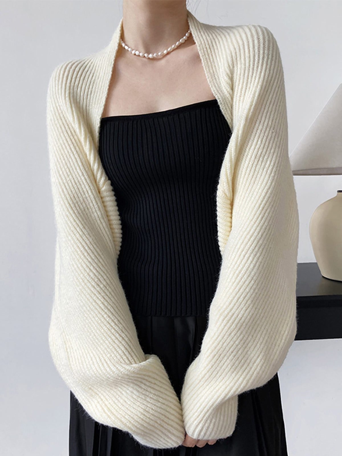 Ribbed Knit Open-Front Cardigan Shrug for Women - Off-White