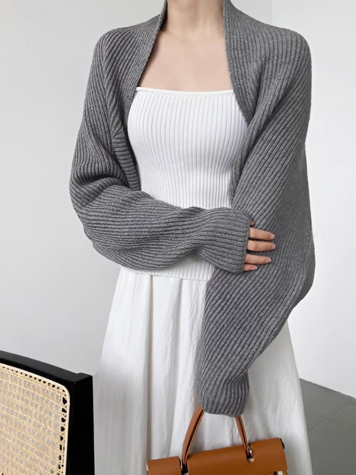 Ribbed Knit Open-Front Cardigan Shrug for Women - Grey