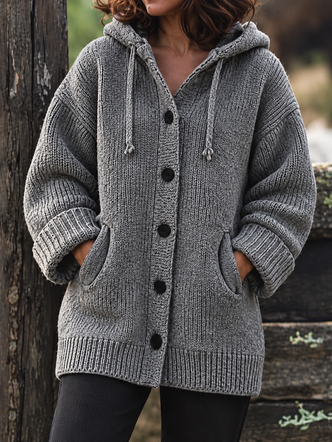 Ribbed Knit Oversized Hooded Cardigan for Women
