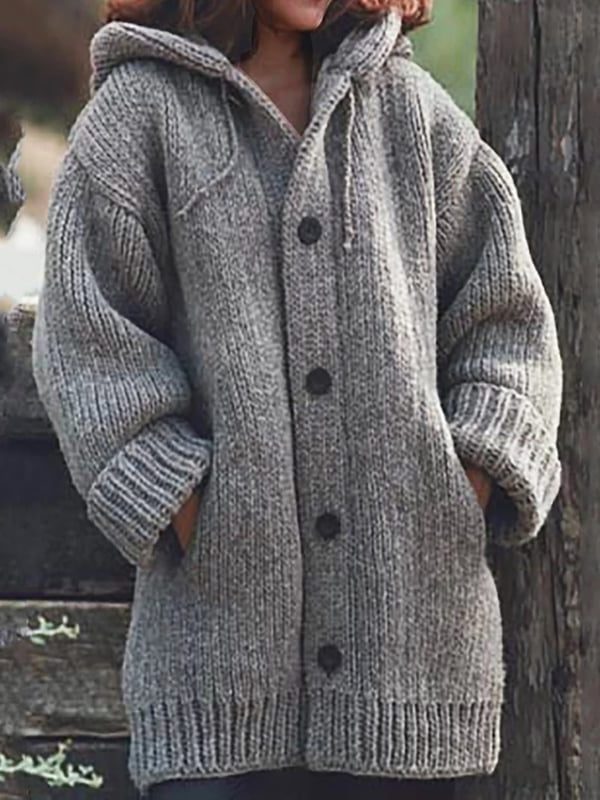 Ribbed Knit Oversized Long Cardigan with Hood for Women - Grey