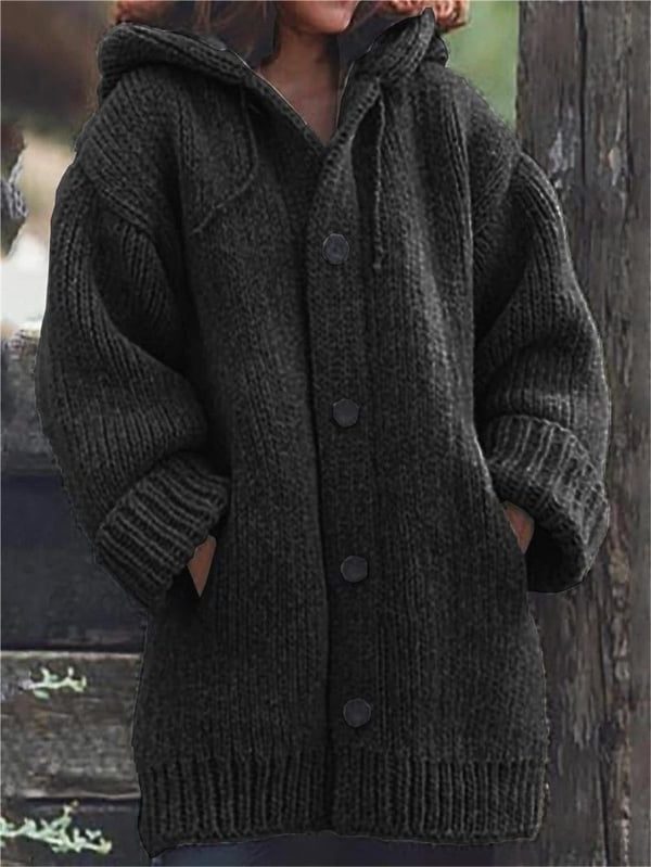 Ribbed Knit Oversized Long Cardigan with Hood for Women - Black
