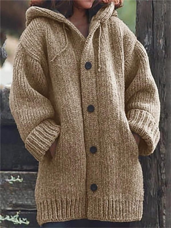 Ribbed Knit Oversized Long Cardigan with Hood for Women - Khaki