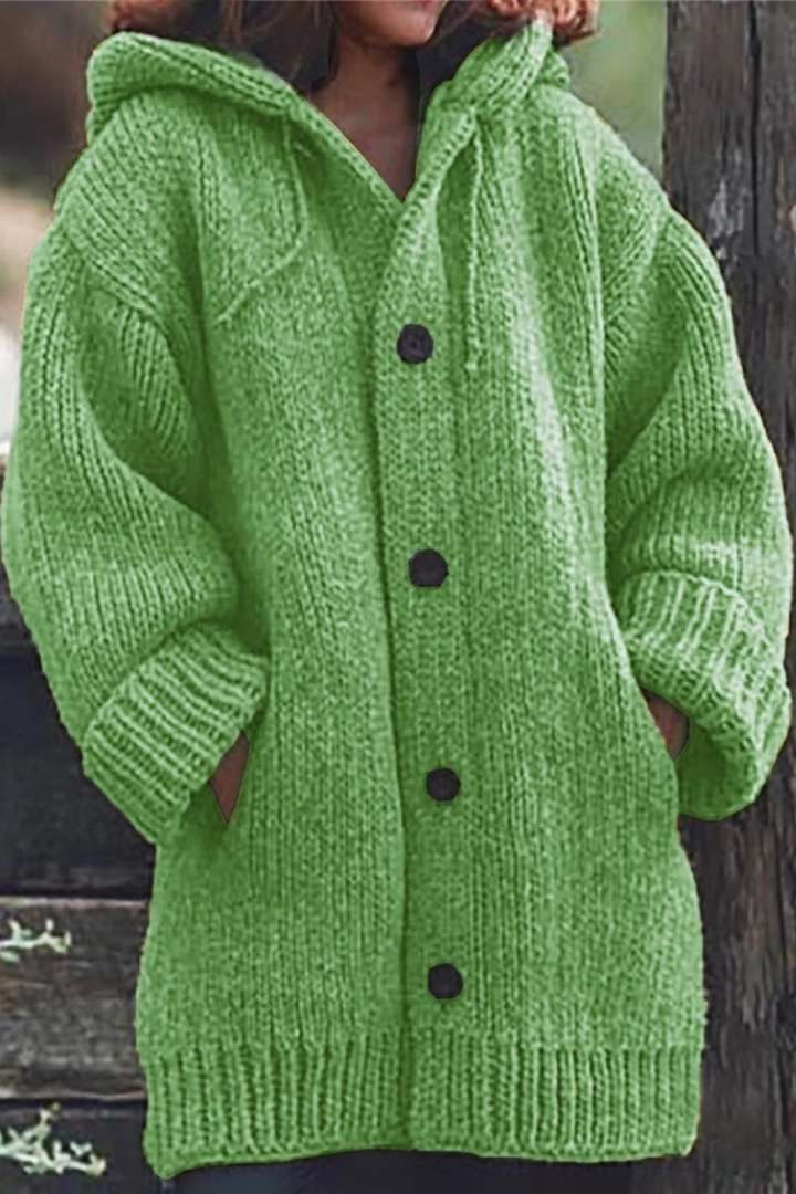 Ribbed Knit Oversized Long Cardigan with Hood for Women - Green