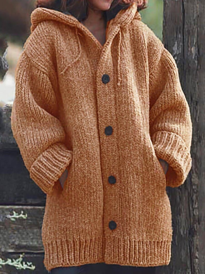 Ribbed Knit Oversized Long Cardigan with Hood for Women - Orange