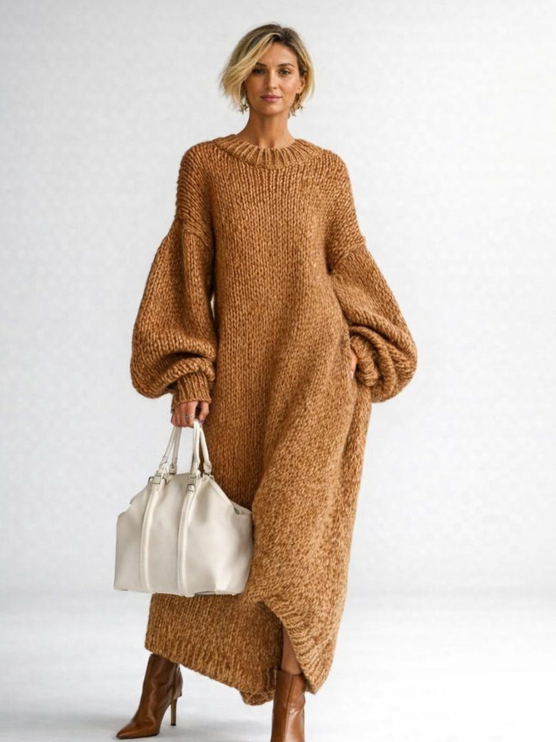 Ribbed Knit Oversized Maxi Dress with Long Sleeves for Women - Brown