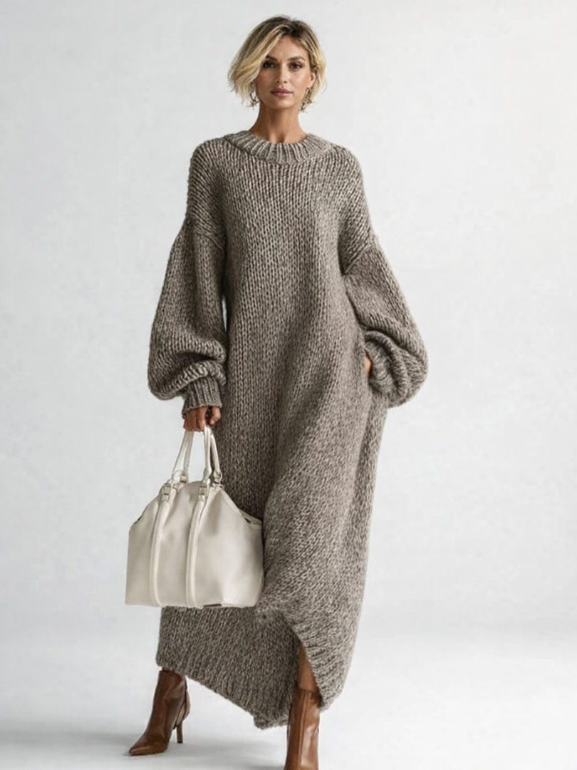 Ribbed Knit Oversized Maxi Dress with Long Sleeves for Women