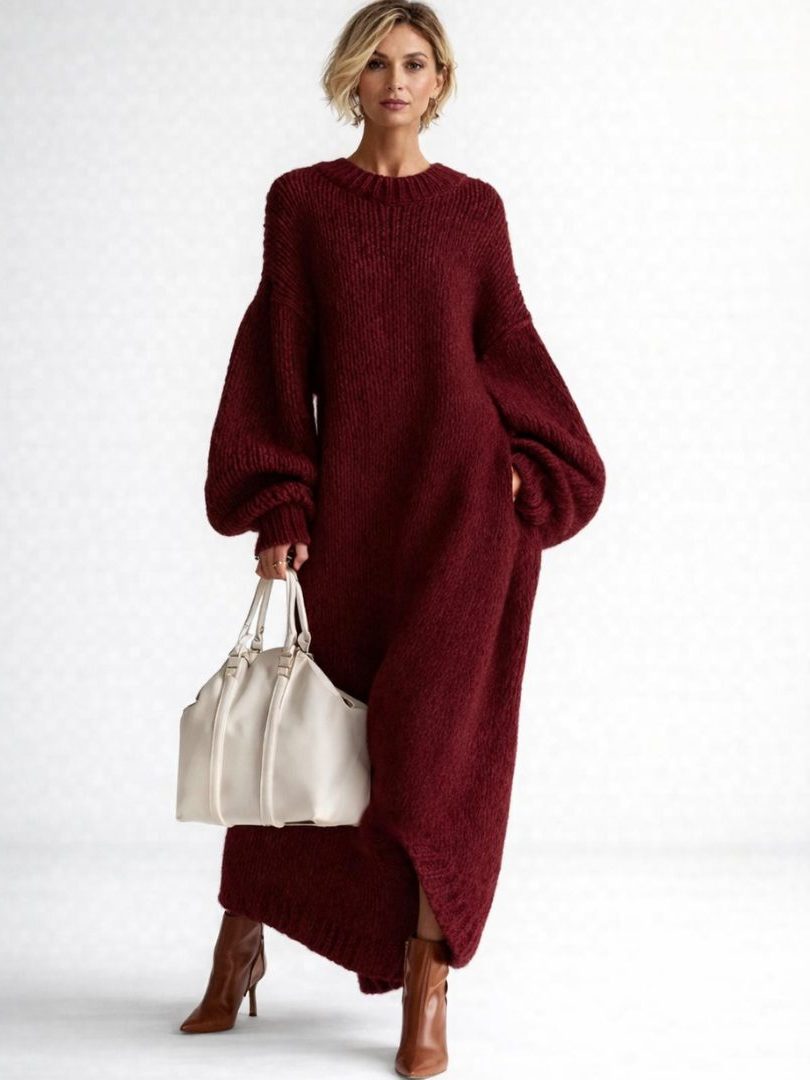 Ribbed Knit Oversized Maxi Dress with Long Sleeves for Women - Burgundy