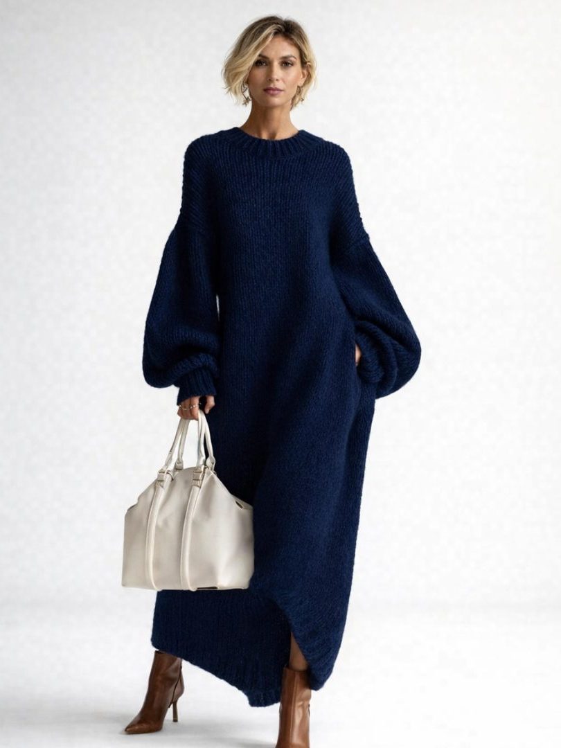 Ribbed Knit Oversized Maxi Dress with Long Sleeves for Women - Navy
