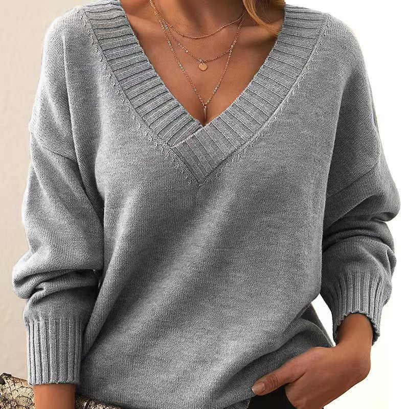 Ribbed Knit Pullover with V-Neck for Women