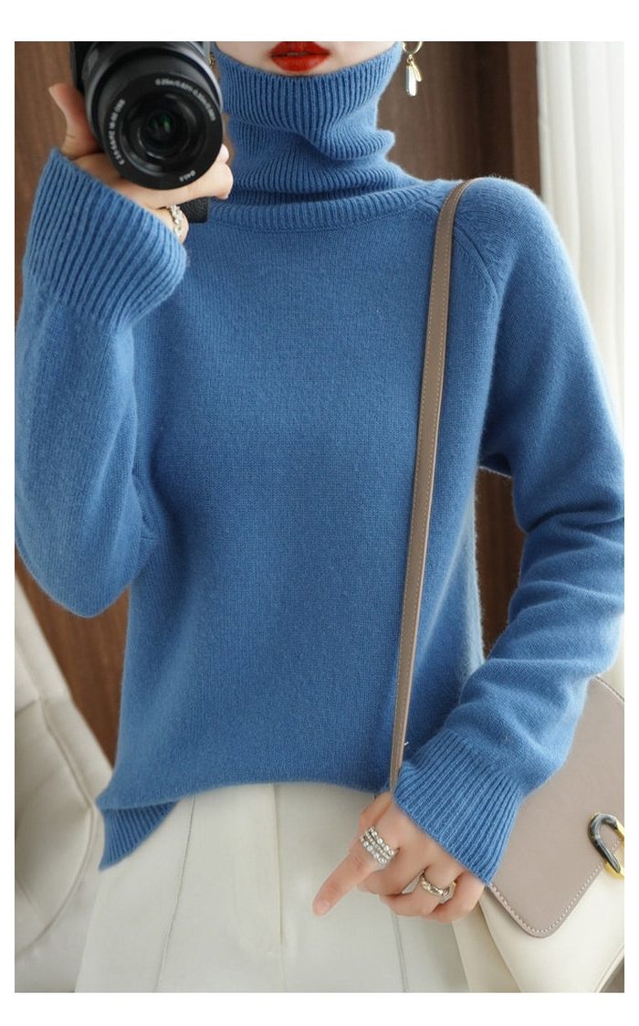 Ribbed Knit Roll Neck Jumper for Women - Blue
