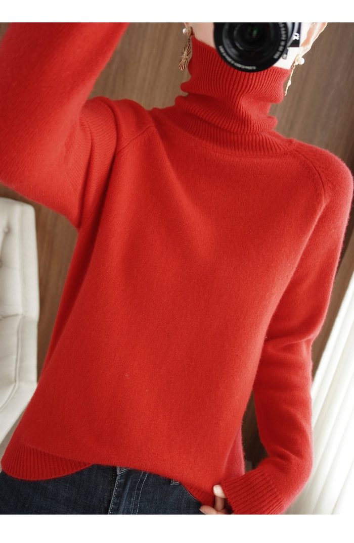 Ribbed Knit Roll Neck Jumper for Women - Red