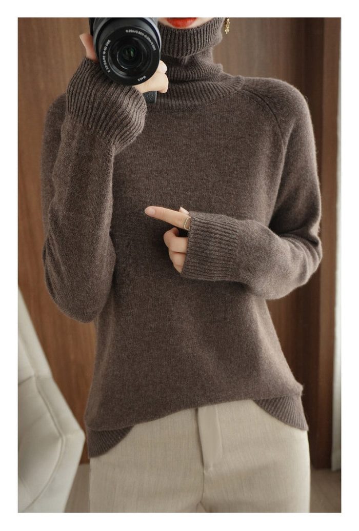 Ribbed Knit Roll Neck Jumper for Women - Brown