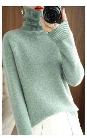 Ribbed Knit Roll Neck Jumper for Women - Green