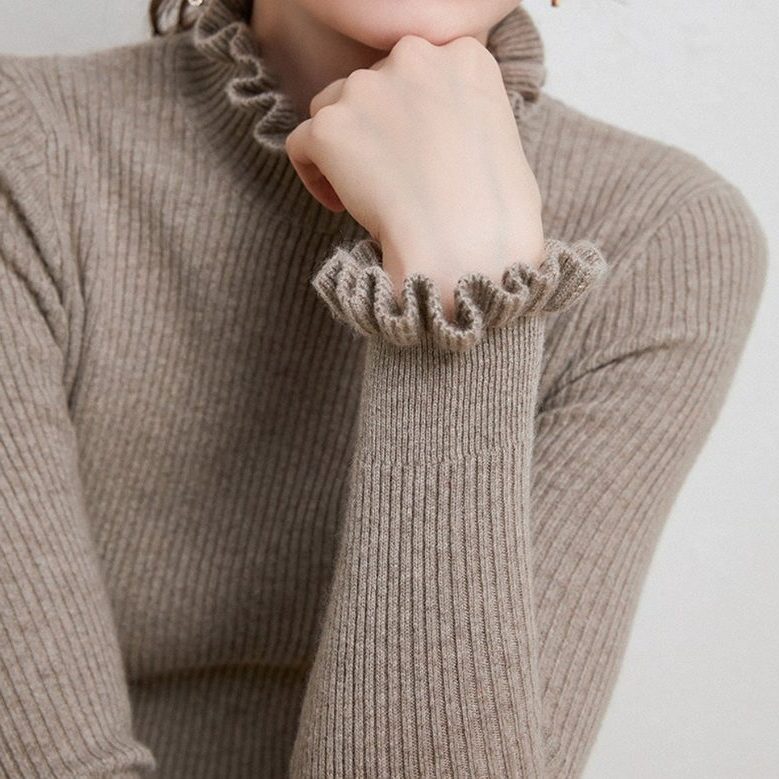Ribbed Knit Roll Neck Jumper with Ruffle Trim for Women
