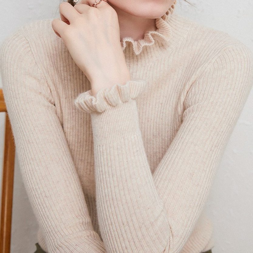 Ribbed Knit Roll Neck Jumper with Ruffle Trim for Women - Beige