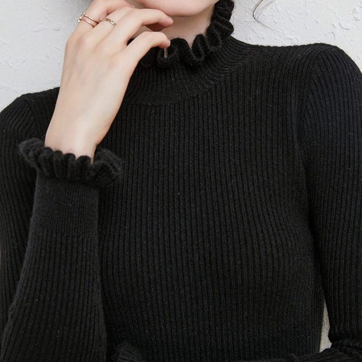 Ribbed Knit Roll Neck Jumper with Ruffle Trim for Women - Black