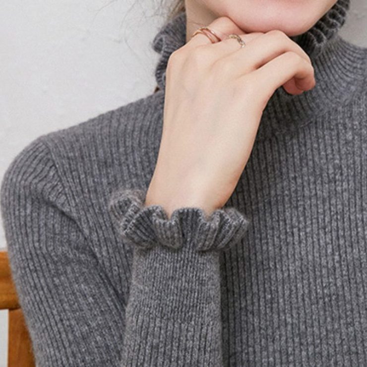 Ribbed Knit Roll Neck Jumper with Ruffle Trim for Women - Grey
