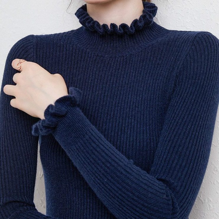 Ribbed Knit Roll Neck Jumper with Ruffle Trim for Women - Blue