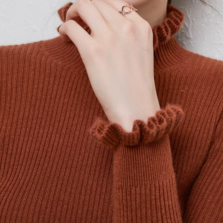 Ribbed Knit Roll Neck Jumper with Ruffle Trim for Women - Auburn