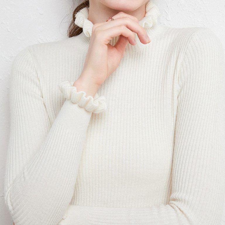 Ribbed Knit Roll Neck Jumper with Ruffle Trim for Women - White