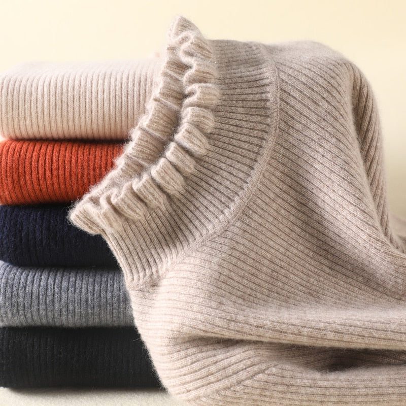 Ribbed Knit Roll Neck Jumper with Ruffle Trim for Women - View 2