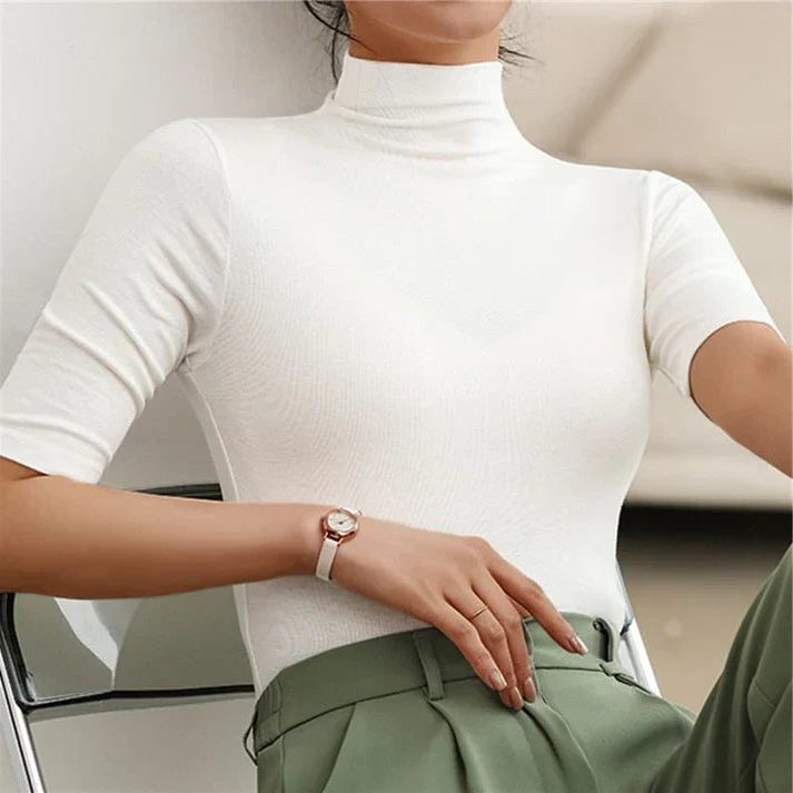 Ribbed Knit Roll Neck Short Sleeve Top for Women