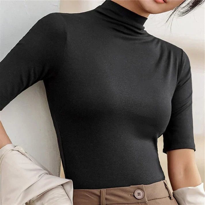 Ribbed Knit Roll Neck Short Sleeve Top for Women - Black
