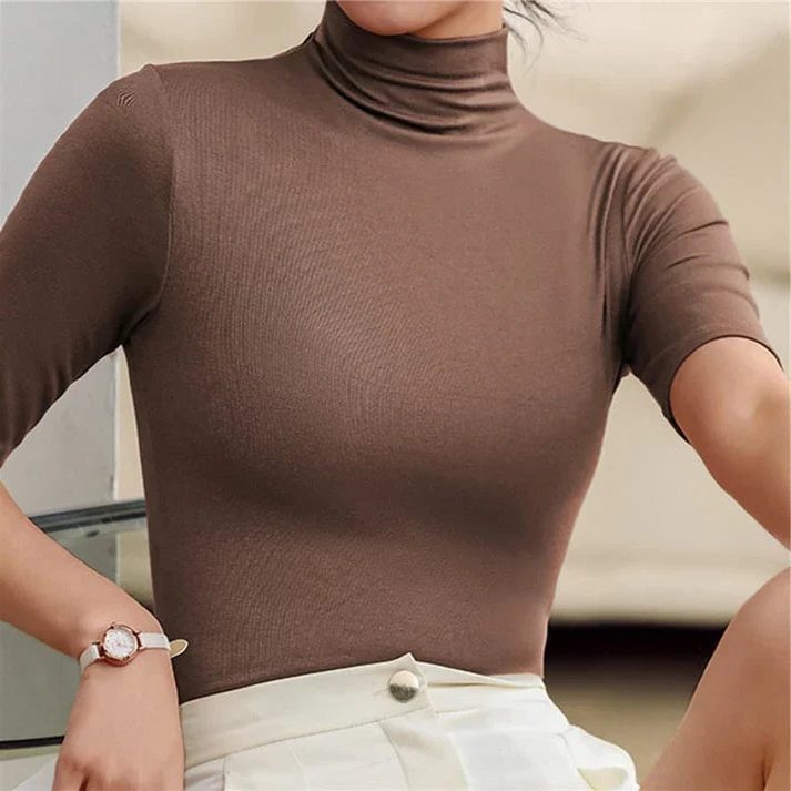 Ribbed Knit Roll Neck Short Sleeve Top for Women - Brown