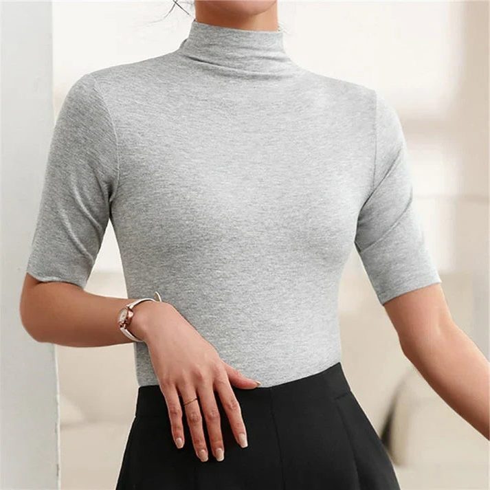 Ribbed Knit Roll Neck Short Sleeve Top for Women - Gray