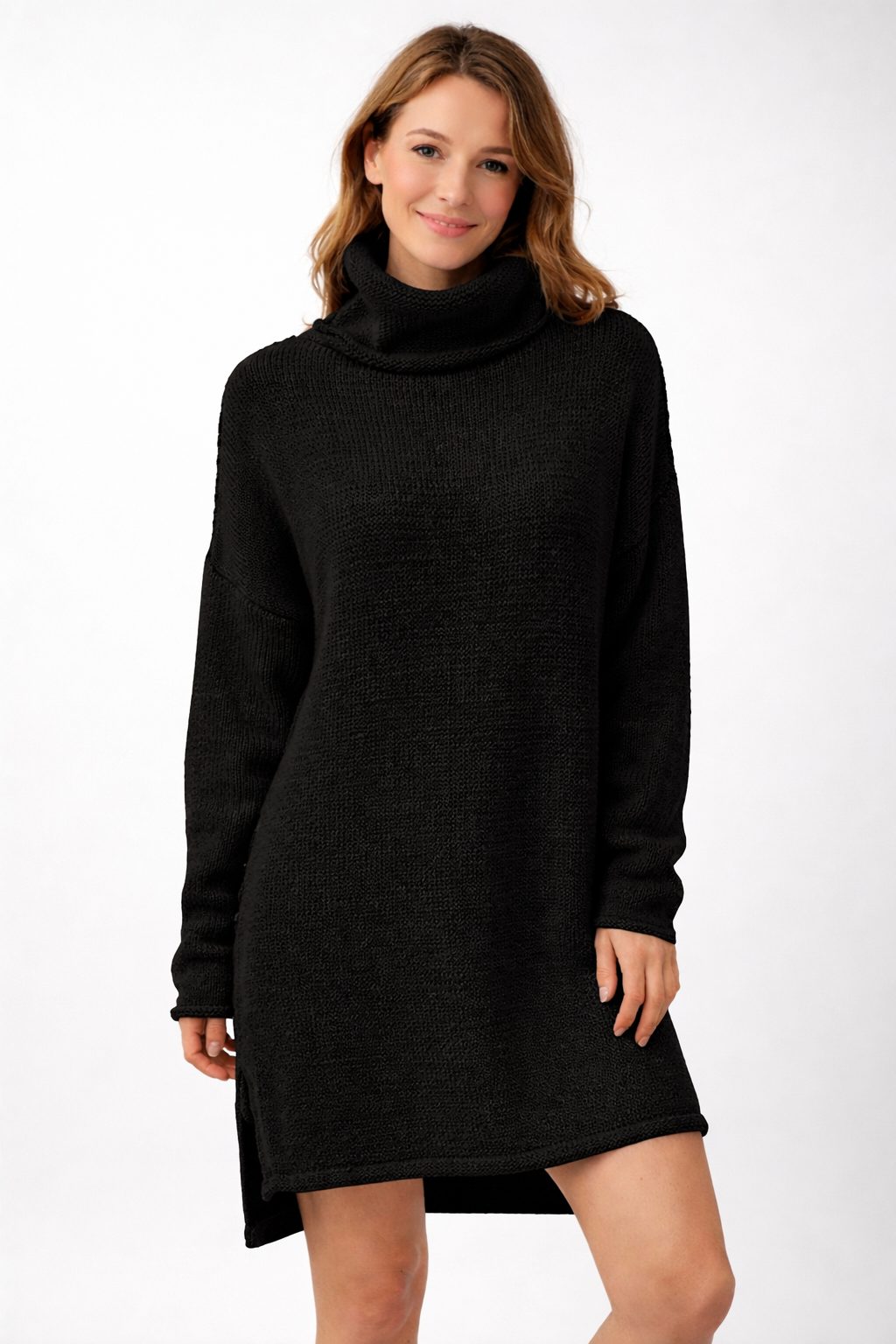 Ribbed Knit Roll Neck Sweater Dress for Women