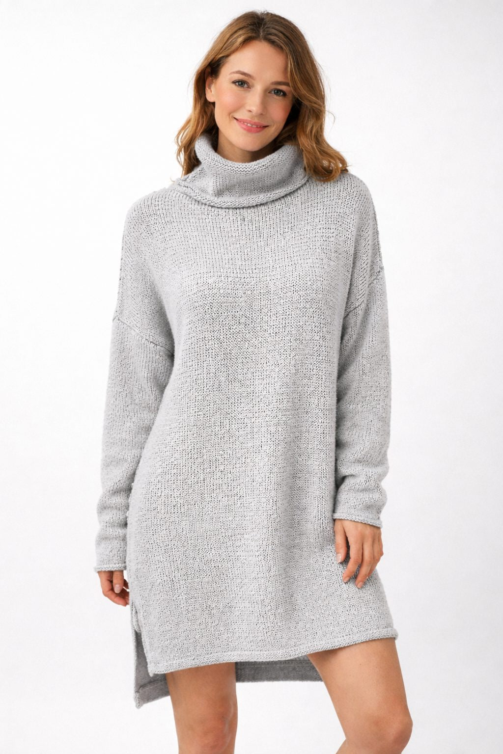 Ribbed Knit Roll Neck Sweater Dress for Women - White